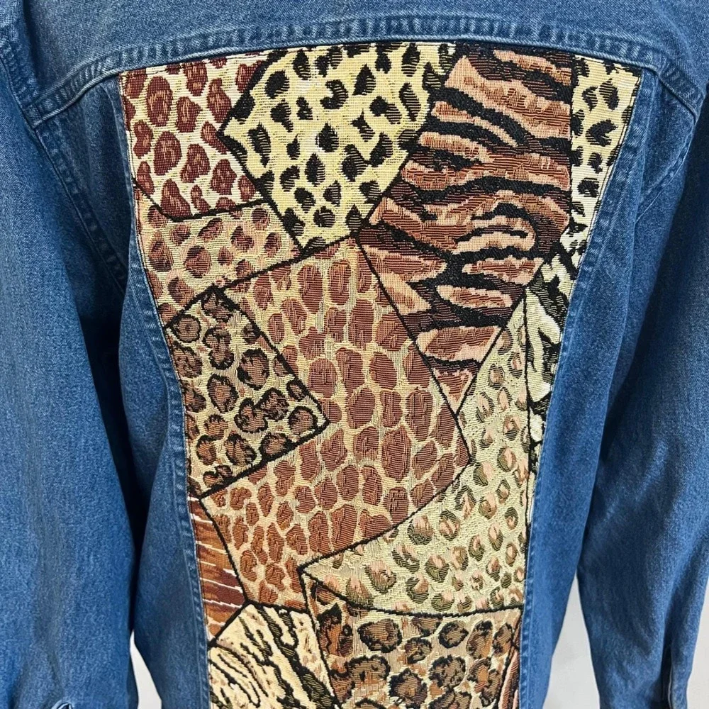 Vintage TanTrums Blue Cotton Denim Patchwork Animal Print Safari Jacket Medium